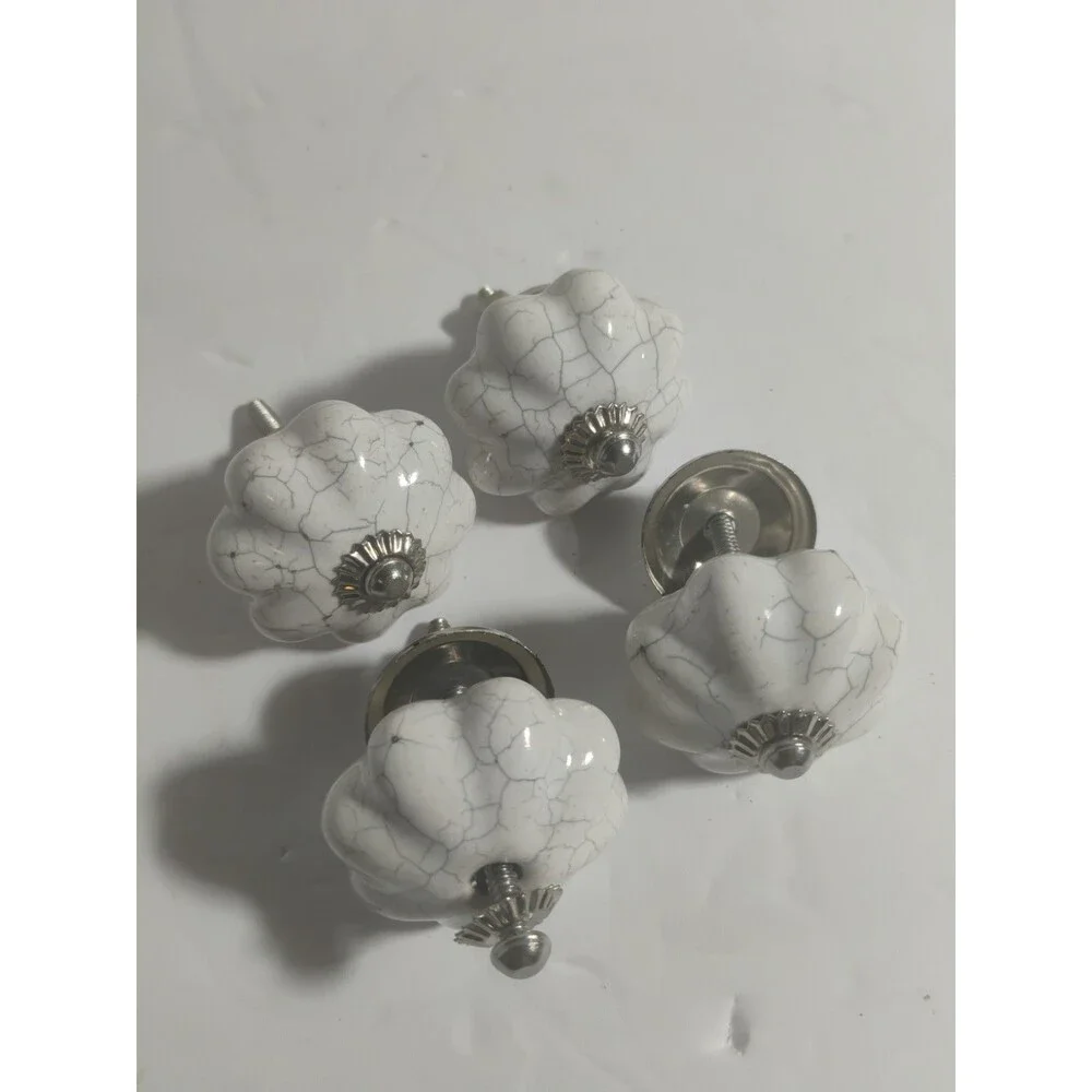 Lot of 4 Vintage Style White Crackle Glaze Ceramic Melon Cabinet Knobs Pulls